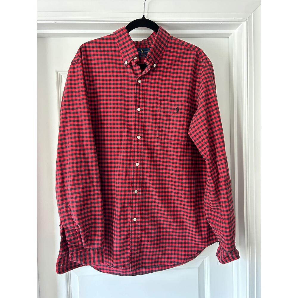 Polo Ralph Lauren Mens XL Classic Fit Gingham Button Down Shirt Red Black Cotton